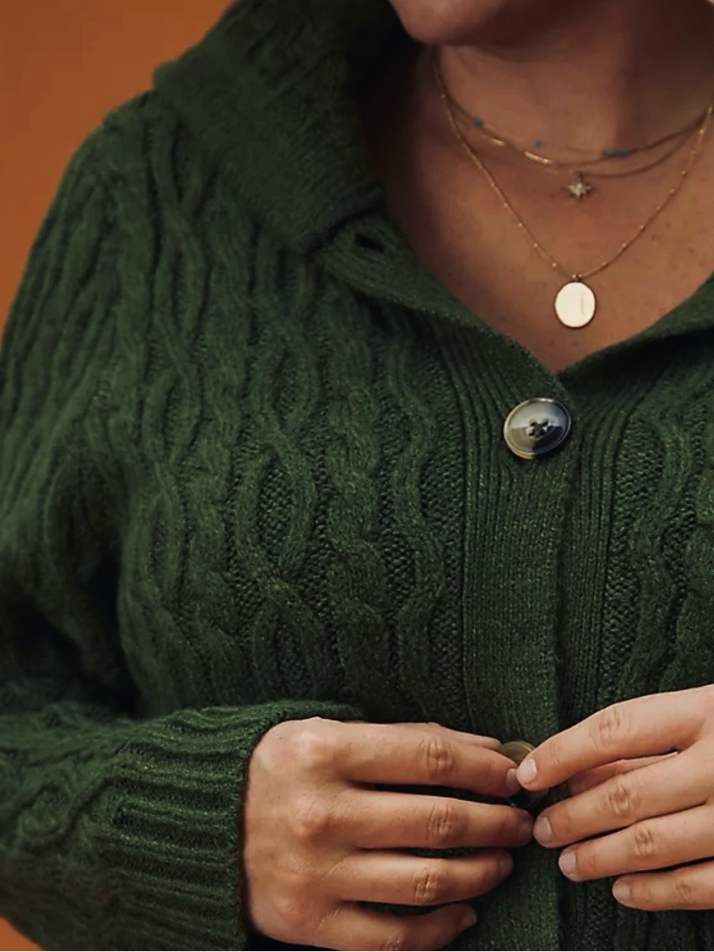#3358**Allison Brittney Forest Green Cable-Knit Button Cardigan